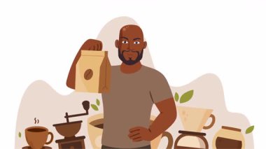 Kahve günü kutlamaları için düz tasarım vektör çizimi kahve fincanı, fasulye, latte sanatı ve posterler, sosyal medya ve dijital kampanyalar için mükemmel sıcak ve samimi bir atmosfer.