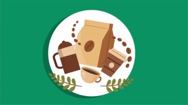 Kahve günü kutlamaları için düz tasarım vektör çizimi kahve fincanı, fasulye, latte sanatı ve posterler, sosyal medya ve dijital kampanyalar için mükemmel sıcak ve samimi bir atmosfer.