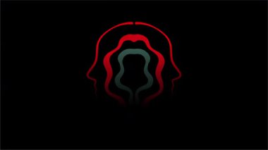 Koyu bir duvarın içinde parlayan bir kafayla yeşil ve kırmızı renkte bir kadın kafası.