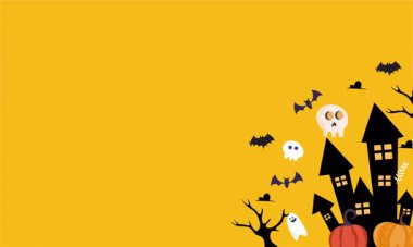 Cadılar bayramı arkaplanı, balkabakları, yarasalar ve balkabaklarıyla turuncu kağıt üzerinde yazı için boşluk. Düz stil. vektör illüstrasyonu