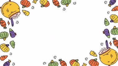 Vektör çizimi. Balkabağı, sonbahar yaprakları, balkabağı ve böğürtlen. Şükran Günü kartı.