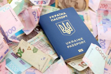 Ukrayna 'nın biyometrik pasaportu birçok farklı Ukrayna Hryvnia para banknotlarının üzerinde yatıyor.