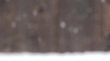  Odaklanamayan yavaş çekim kar taneleri yere düşüyor. Odaklanamayan ahşap çit arka planı var..