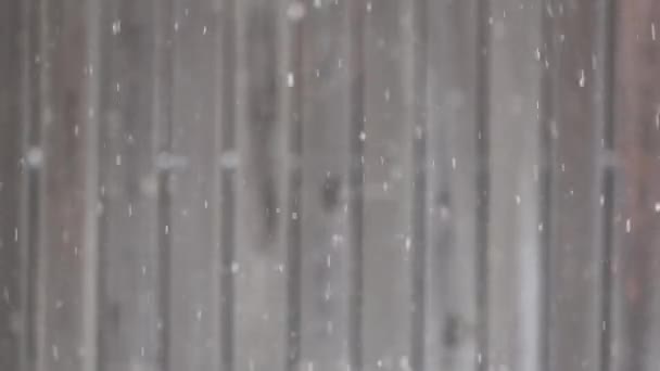 木製の柵を背景に雪のフレークが落ちる — ストック動画