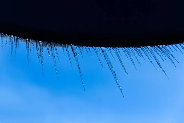 Rows Icicles Hanging Awning Blue Sky — Stock Photo, Image