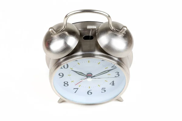 Relógio Alarme Antiquado Aço Inoxidável Fundo Branco — Fotografia de Stock