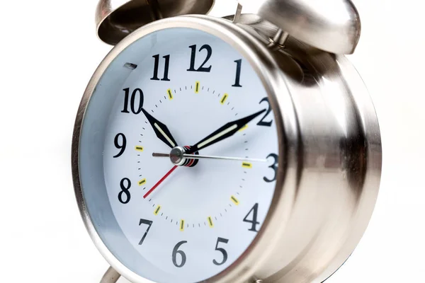 Relógio Alarme Antiquado Aço Inoxidável Fundo Branco — Fotografia de Stock