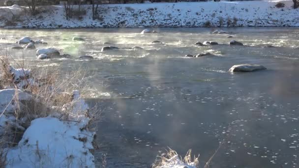 Parní Řeka Pomalu Teče Zimě Vedle Silnice Auty — Stock video