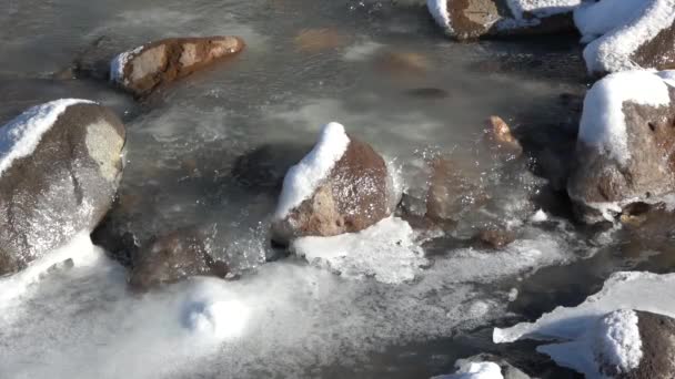 Ruscello Acqua Che Scorre Lentamente Calotte Ghiaccio Tra Rocce Inverno — Video Stock