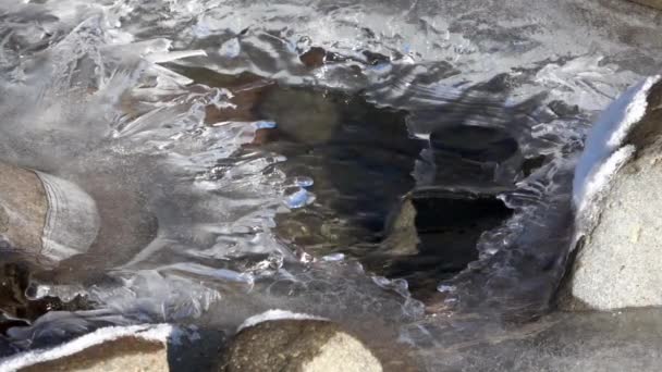 Woda Przepływająca Pod Lodowatą Dziurą Postrzępionymi Krawędziami Zamarzniętym Strumieniu Zimą — Wideo stockowe