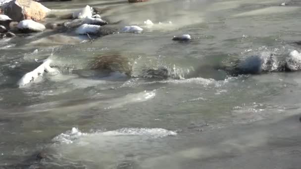 Air Mengalir Deras Atas Dasar Sungai Beku Musim Dingin — Stok Video