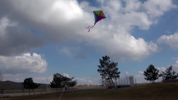 Bunte Drachen Fliegen Einem Windigen Tag Über Einen Spielplatz — Stockvideo