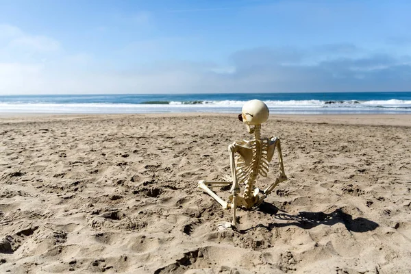 Skeleton Sits Beach Watching Waves — Stock Photo, Image