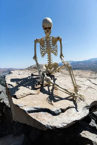Скелет Сидит Скалах Пустыне Красивым Голубым Небом — стоковое фото