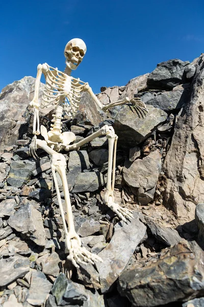 Esqueleto Sentado Rochas Deserto Com Belo Céu Azul — Fotografia de Stock