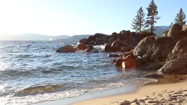 Waves Breaking Slow Motion Empty Beach Lake Tahoe Nevada Sand — 图库视频影像