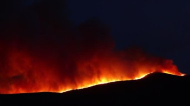 Gece vakti orman yangını. Turuncu bulutlar. Siyah gökyüzü.