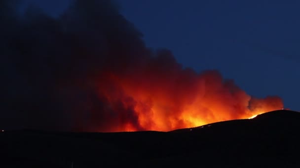 Nor Masiv Fum Strălucitor Flăcări Focul Sălbatic După Apusul Soarelui — Videoclip de stoc