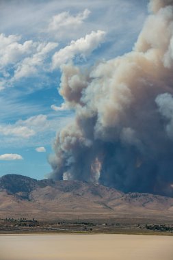 Mavi ve beyaz gökyüzü kabarık kümülonimbus bulutları ve çöldeki büyük bir yangından çıkan duman.