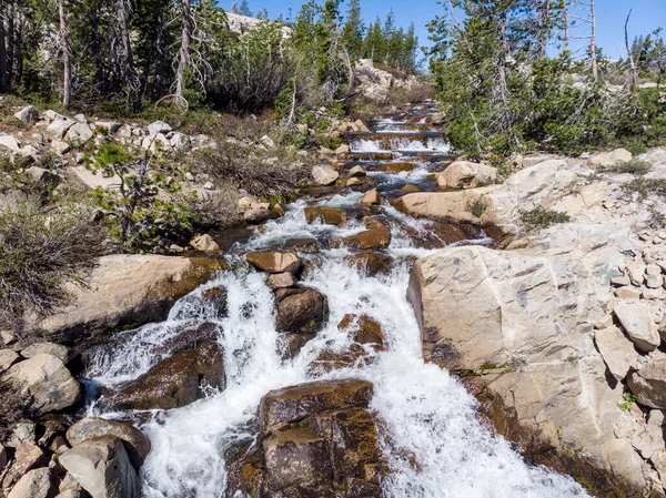 Ağaç ve gökyüzü arka planıyla dağ yamacından akan uzun manzaralı şelale.