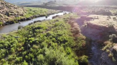 İnsansız hava aracı yeşil çöl kanyonundaki dereyi takip ediyor. 