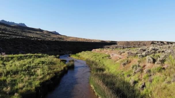 Drone Seguir Arroyo Día Soleado Desierto — Vídeos de Stock