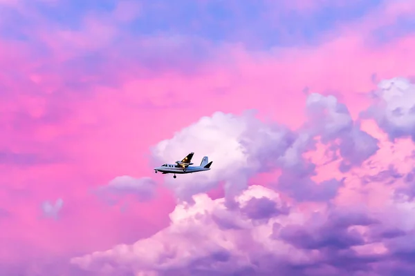 Fire Fighting Plane Returning Base Vivid Pink Sunset Caused Wiildfire — Stock Photo, Image
