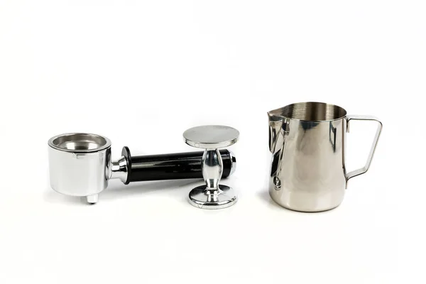 Black Silver Coffee Filter Holder Milk Steamer Metal Tamper Sitting — Stock Photo, Image