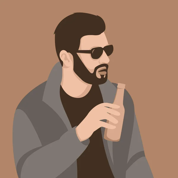 Homme Hipster Dans Des Lunettes Avec Une Bouteille Bière Main — Image vectorielle