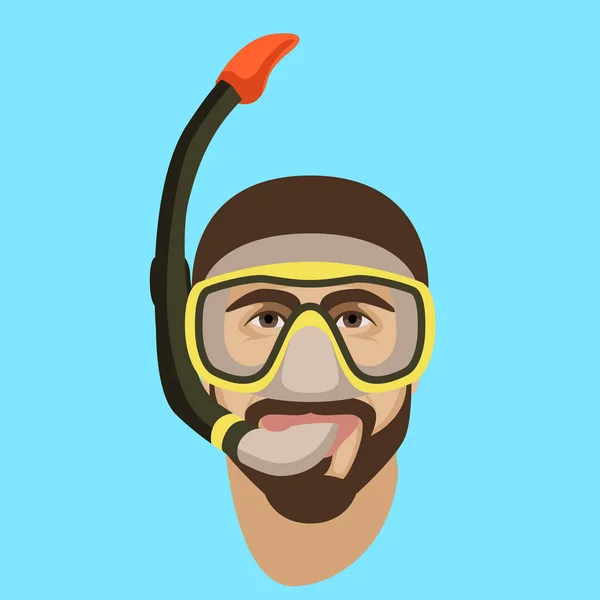 Cara Homem Máscara Mergulho Snorkel Lado Frontal Estilo Plano — Vetor de Stock