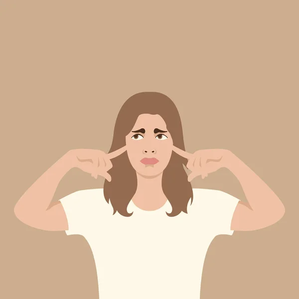 Frustrerad tjej stänger öronen vektor illustration platta stil — Stock vektor