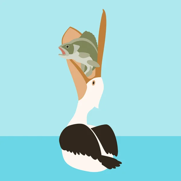 Nuoto pelican uccello e pesce vettore illustrazione piatta — Vettoriale Stock