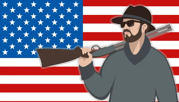 アメリカの国旗の背景に銃を持つ男 — ストックベクタ