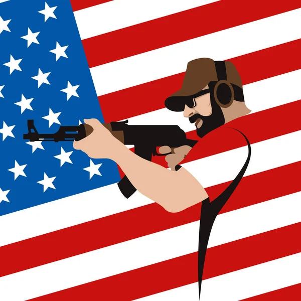 Hombre con el arma en el fondo de la bandera americana — Vector de stock