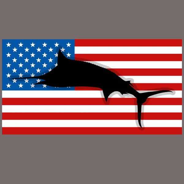 Silhouette marlin pesce su sfondo USA bandiera — Vettoriale Stock