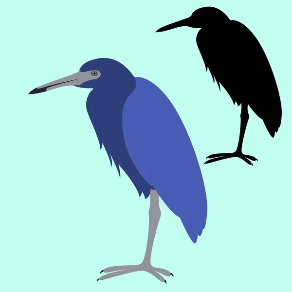 Blu heron vettore illustrazione stile piatto nero silhouette — Vettoriale Stock