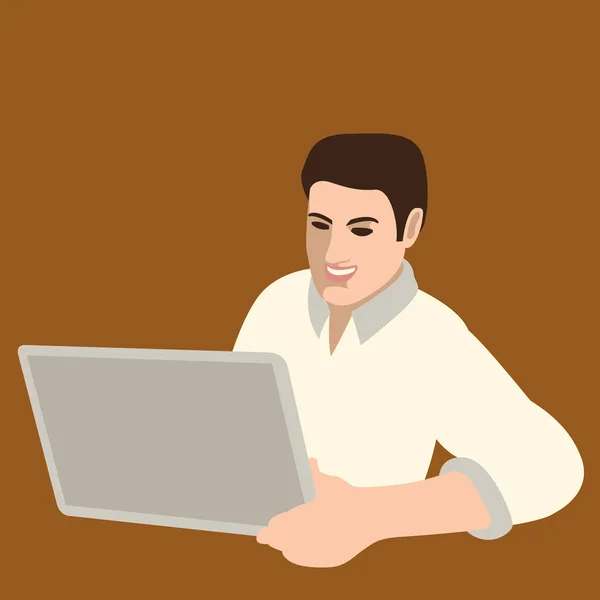 Een man met een laptop in zijn hand vectorillustratie plat — Stockvector