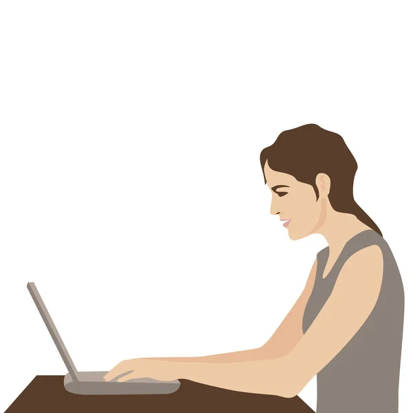 Mädchen am Laptop Vektor Illustration flachen Stil Profil — Stockvektor