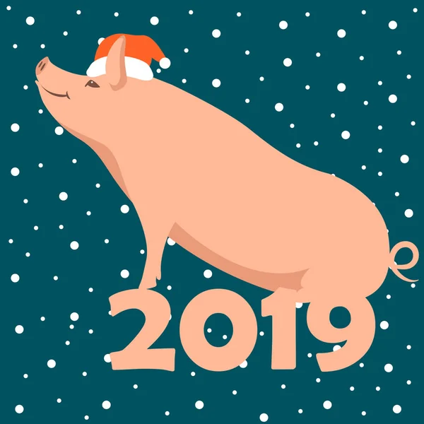 Cerdo en una tapa de Santa Claus vector ilustración plana — Vector de stock