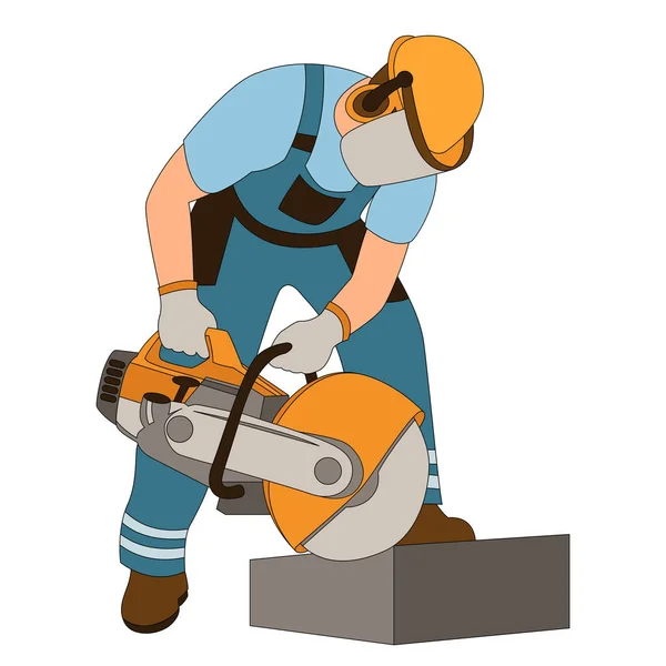 Werknemer bij curb stenen snijden vectorillustratie plat — Stockvector