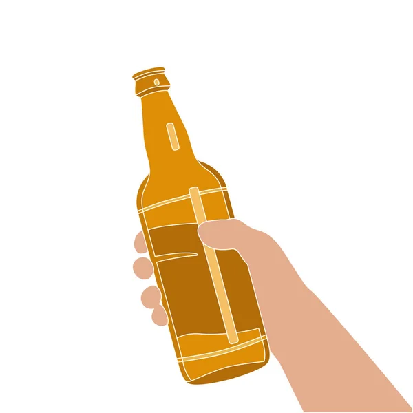 Mano del hombre sosteniendo una botella de cerveza vector ilustración plana — Vector de stock