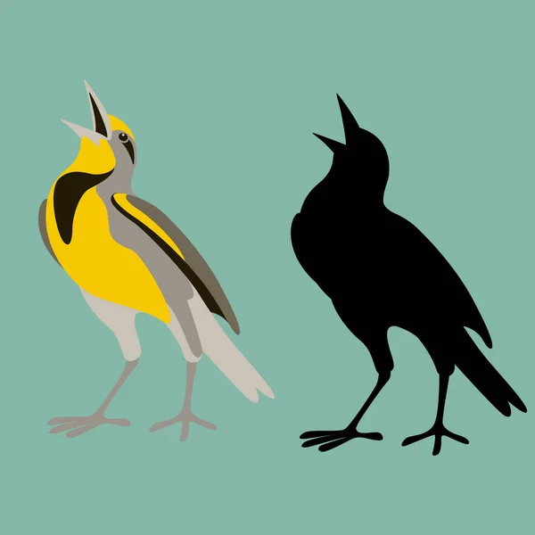 Western meadowlark uccello stile piatto silhouette nera — Vettoriale Stock