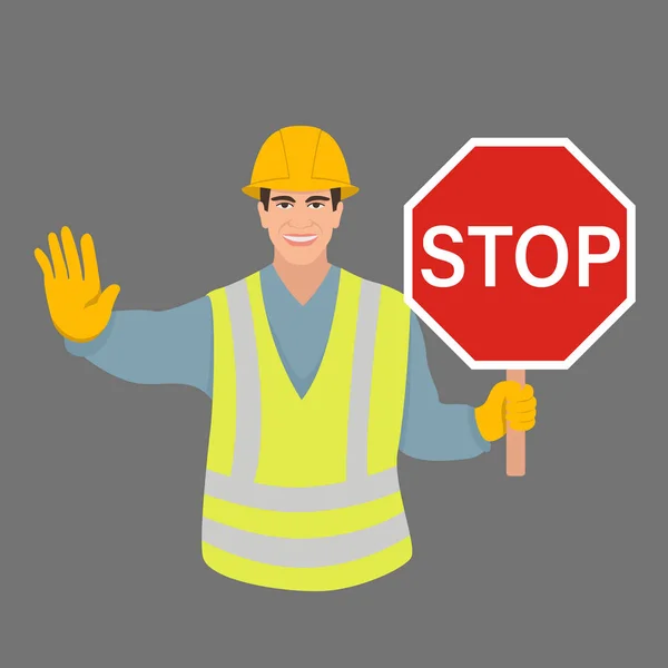 Travailleur avec un panneau stop vectoriel illustration plat style avant — Image vectorielle