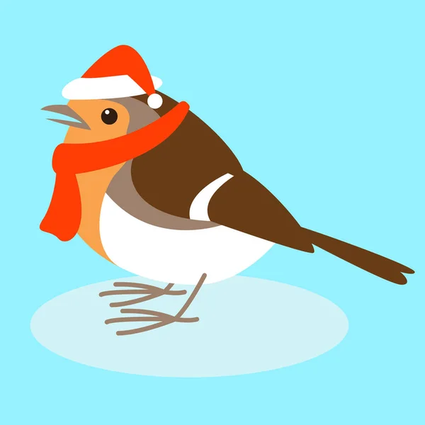 Robin in kerstmuts, vectorillustratie, vlakke stijl, — Stockvector