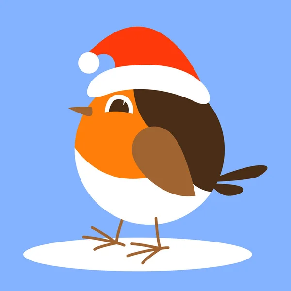 Cartoon van robin zangvogels kerstmuts, vectorillustratie, plat — Stockvector