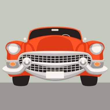 Stil, kırmızı eski model araba, vektör çizim, düz ön 