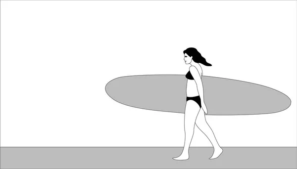 Menina com prancha de surf vetor ilustração plano estilo perfil — Vetor de Stock