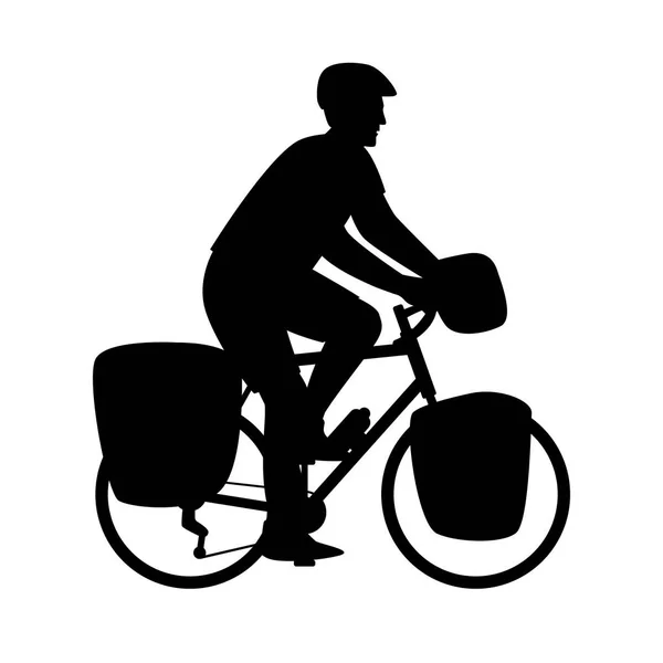 Man travels by bike  vector illustration  black silhouette — Stock Vector