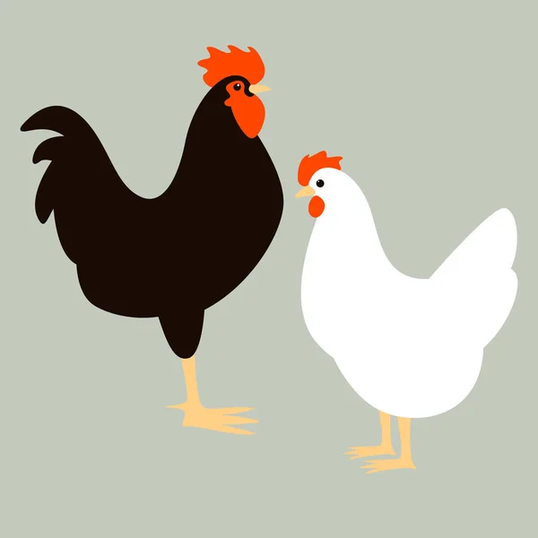 Tavuk ve horoz, vektör çizim, düz stil — Stok Vektör