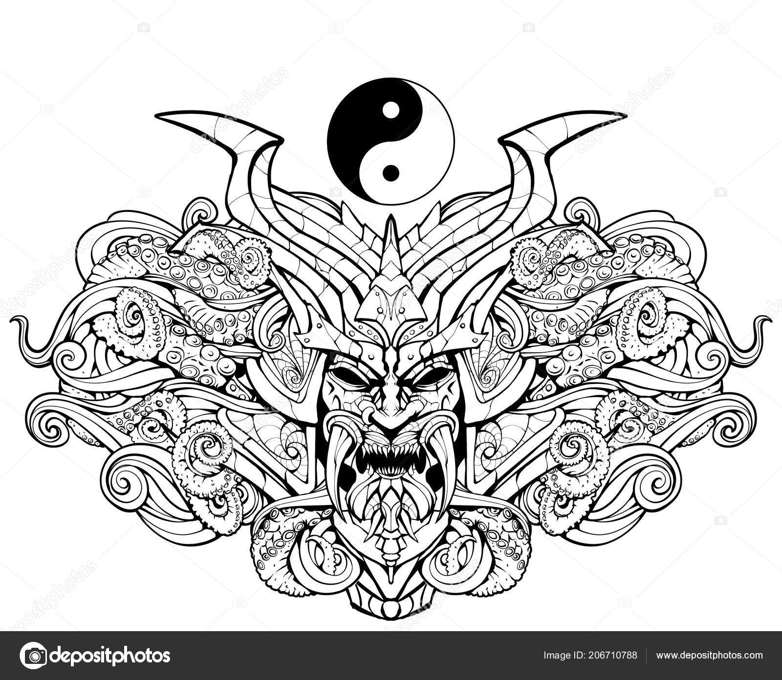 Kleurplaat Voor Volwassenen Sinister Samurai Masker Stockfoto